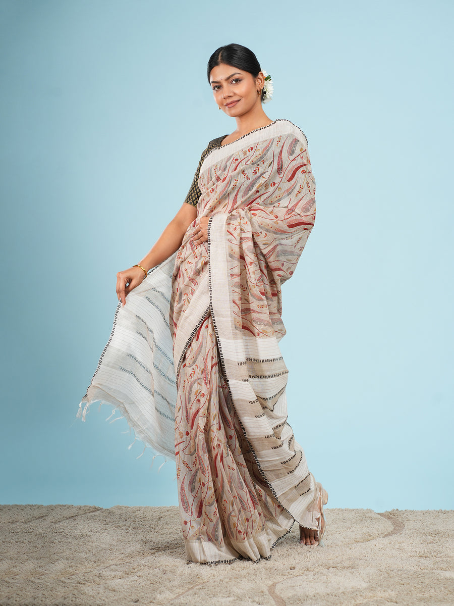 Ivory bamboo silk block-print saree, drape and fall – Koshnika