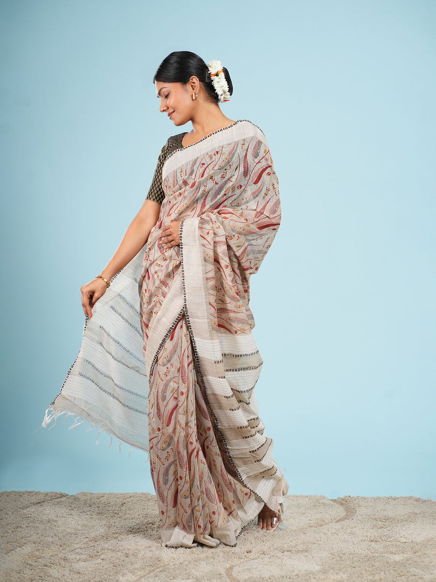 Ivory bamboo silk block-print saree, block motif close-up – Koshnika