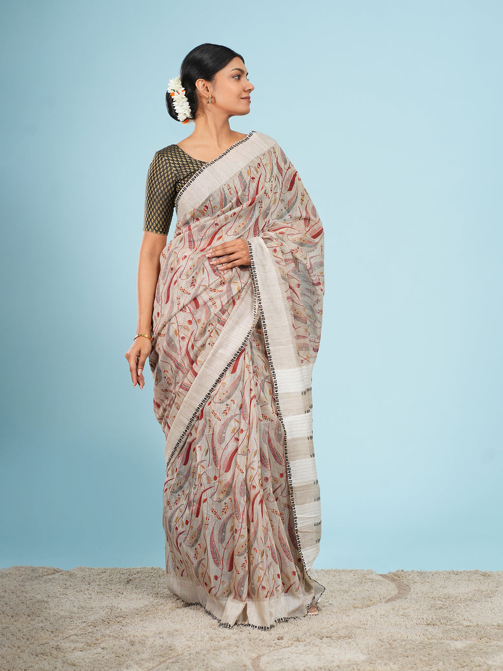 Kaveri Bamboo Silk Block Print Saree Ivory