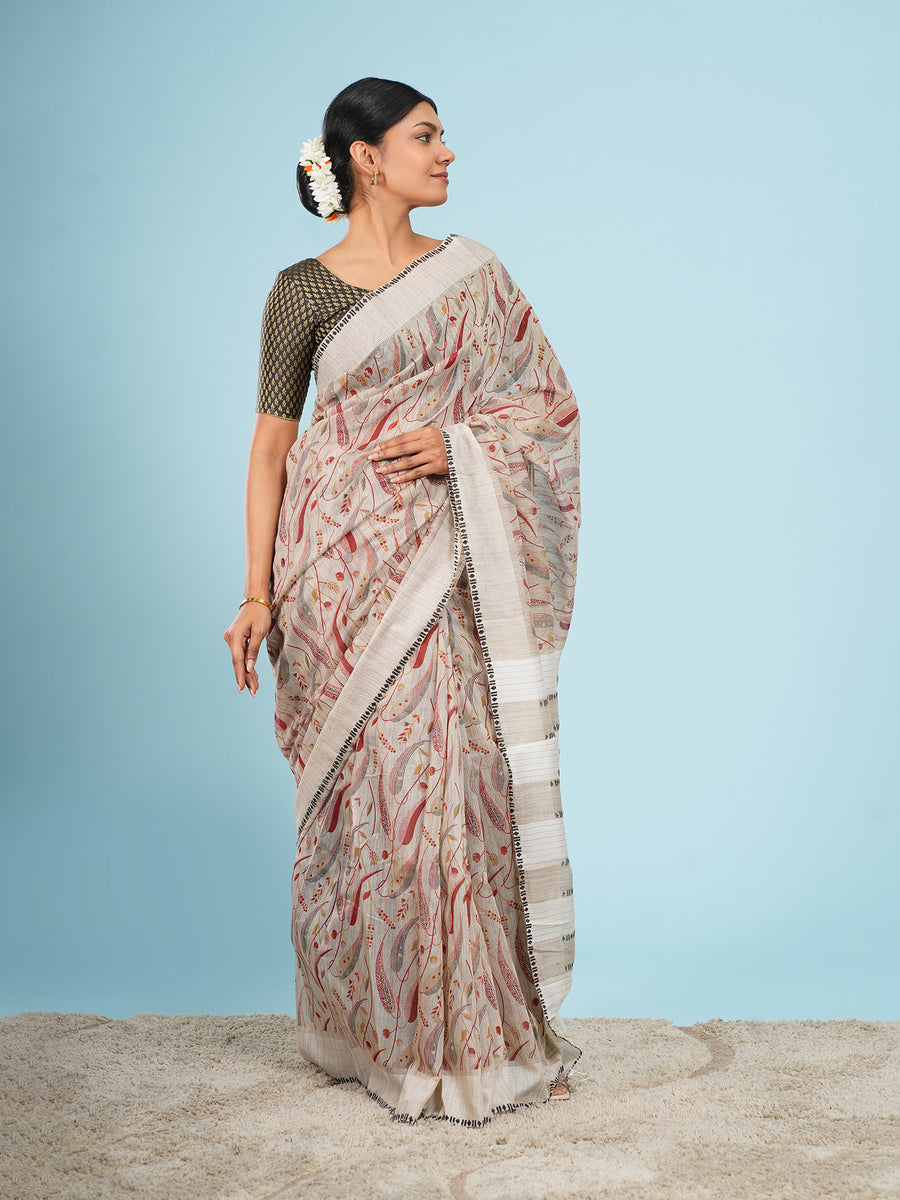 Ivory bamboo silk block-print saree, full-length drape – Koshnika