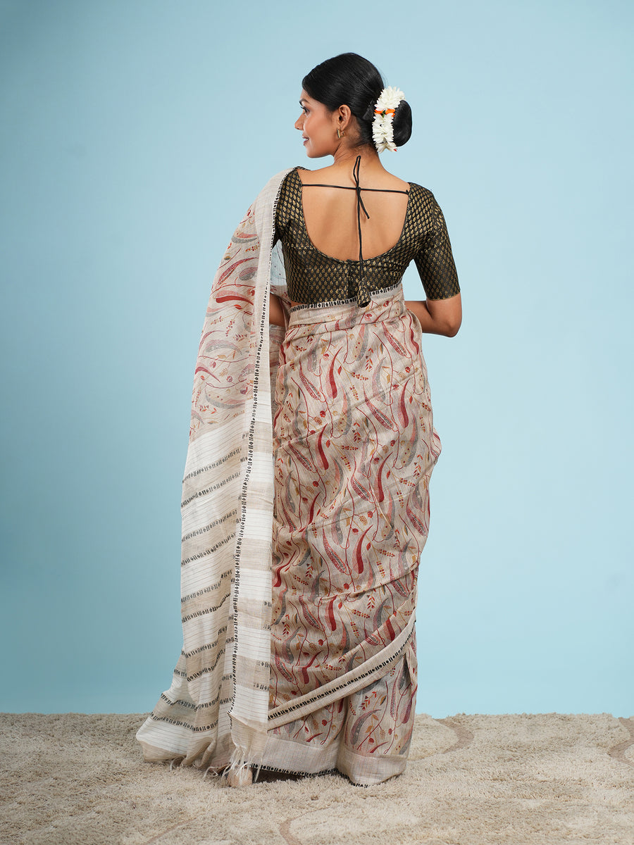 Ivory bamboo silk block-print saree, pallu detail – Koshnika