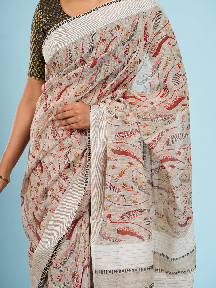 Ivory bamboo silk block-print saree, fabric texture close-up – Koshnika