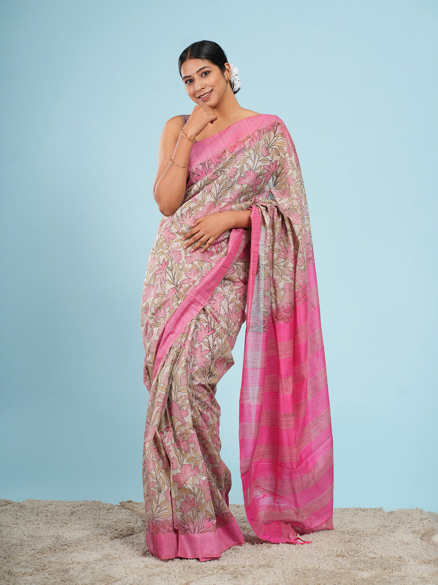 Pink floral-print bamboo silk saree – Koshnika