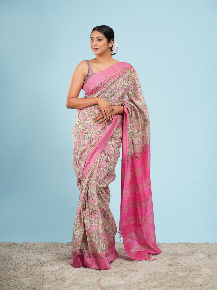 Bamboo silk saree, bright pink border detail – Koshnika