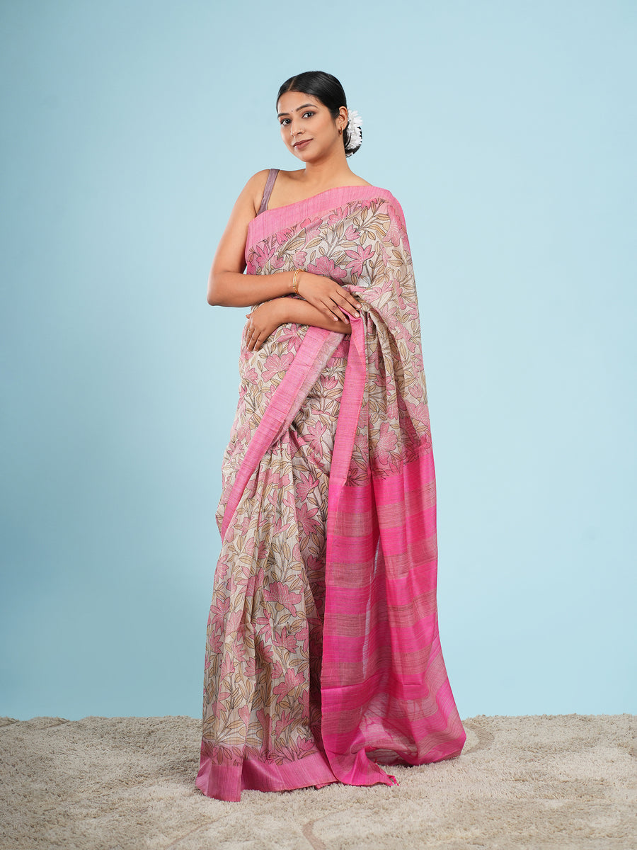 Pink floral bamboo silk saree drape and fall – Koshnika