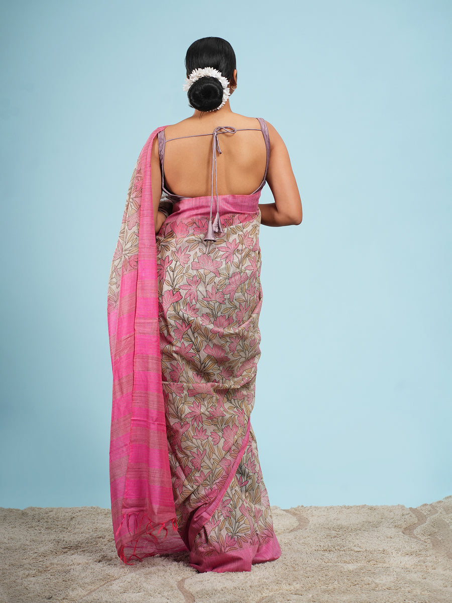 Bamboo silk saree, floral vine print close-up – Koshnika