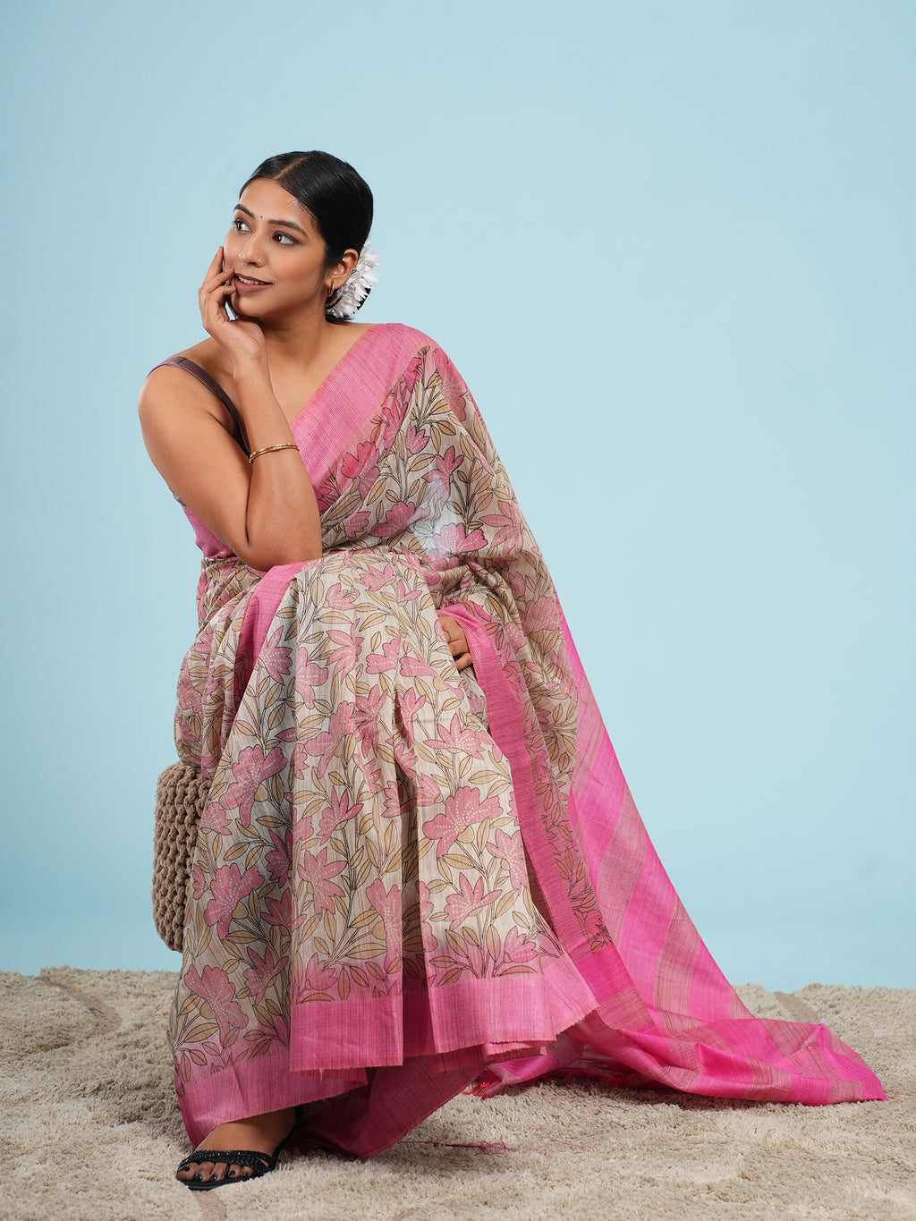 Bamboo Silk Pink Floral Print Saree