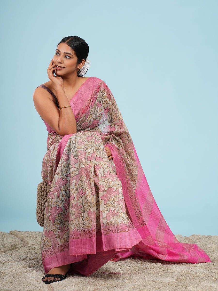 Pink bamboo silk saree, full-length drape – Koshnika