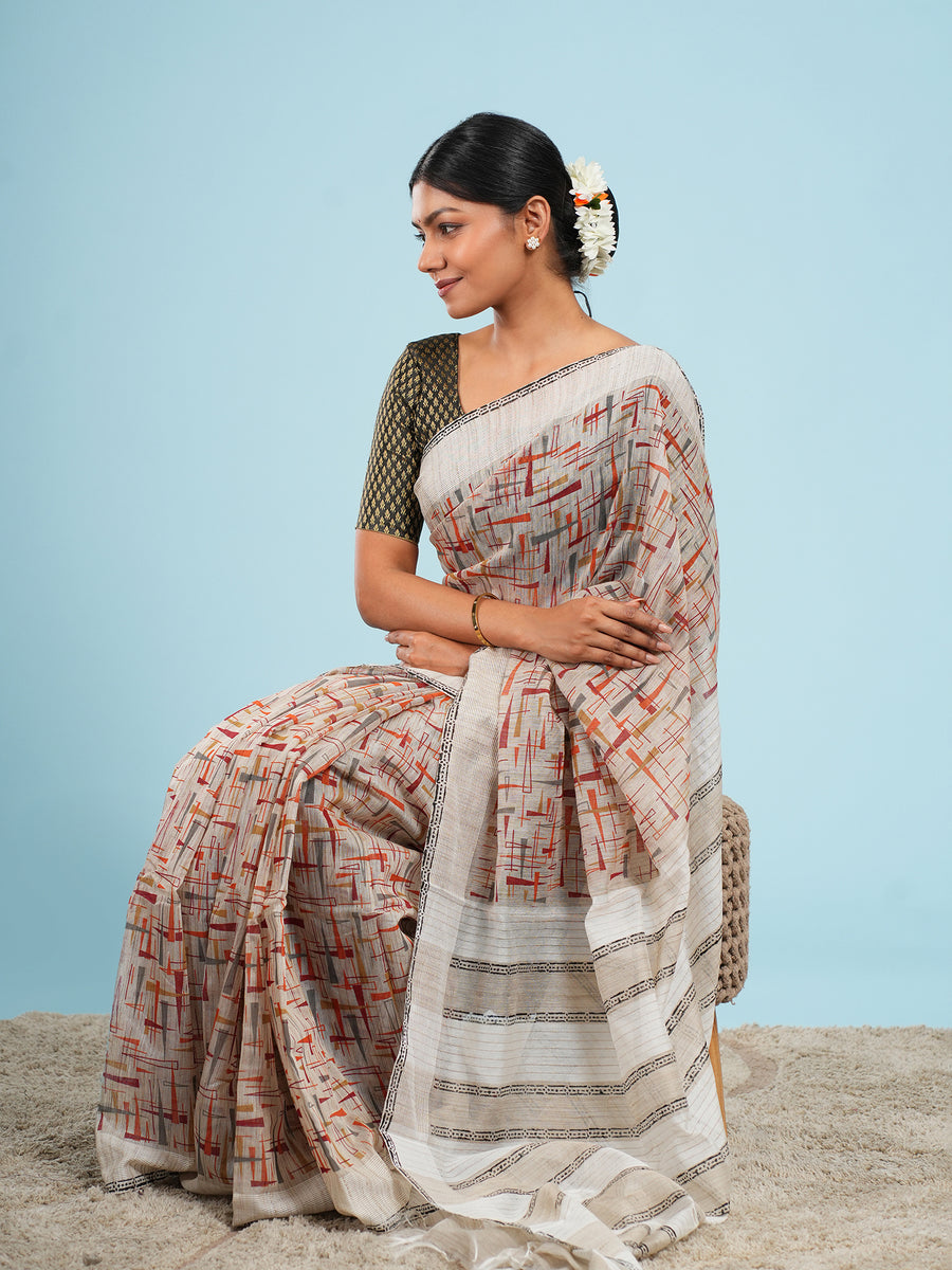 Natural bamboo silk block-print saree – Koshnika