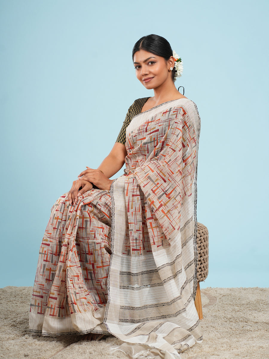 Natural bamboo silk block-print saree, border detail – Koshnika