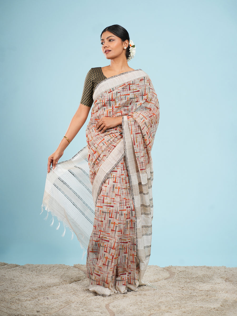Natural bamboo silk block-print saree, drape and fall – Koshnika