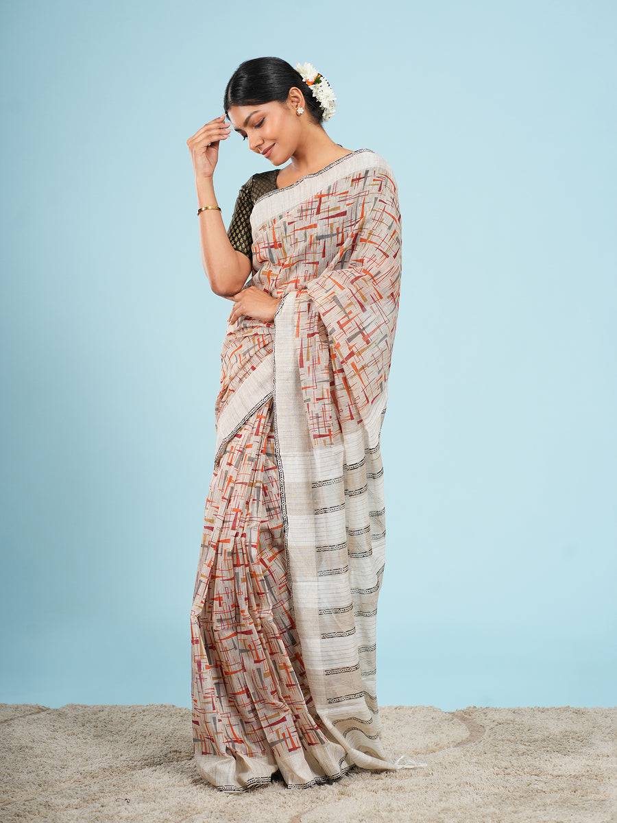 Natural bamboo silk block-print saree, block motif close-up – Koshnika