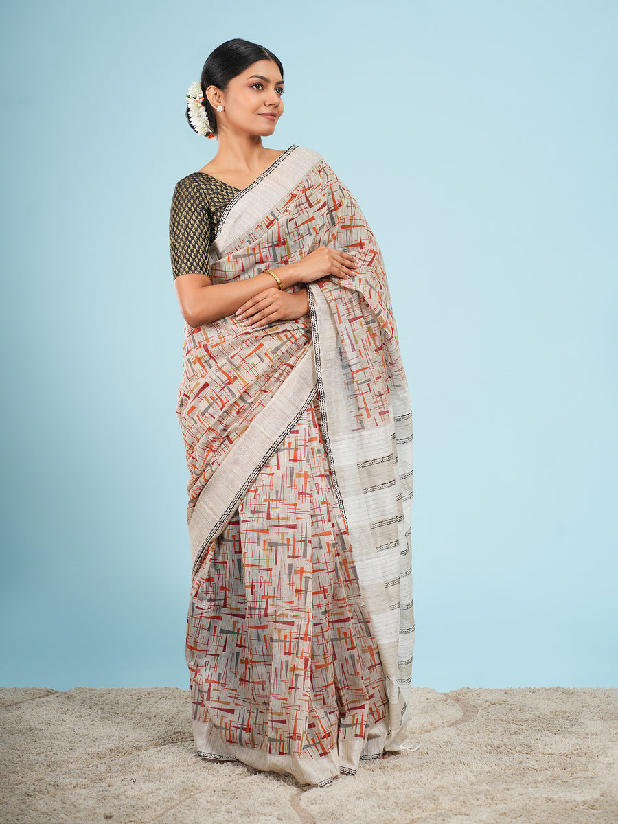 Natural bamboo silk block-print saree, full-length drape – Koshnika