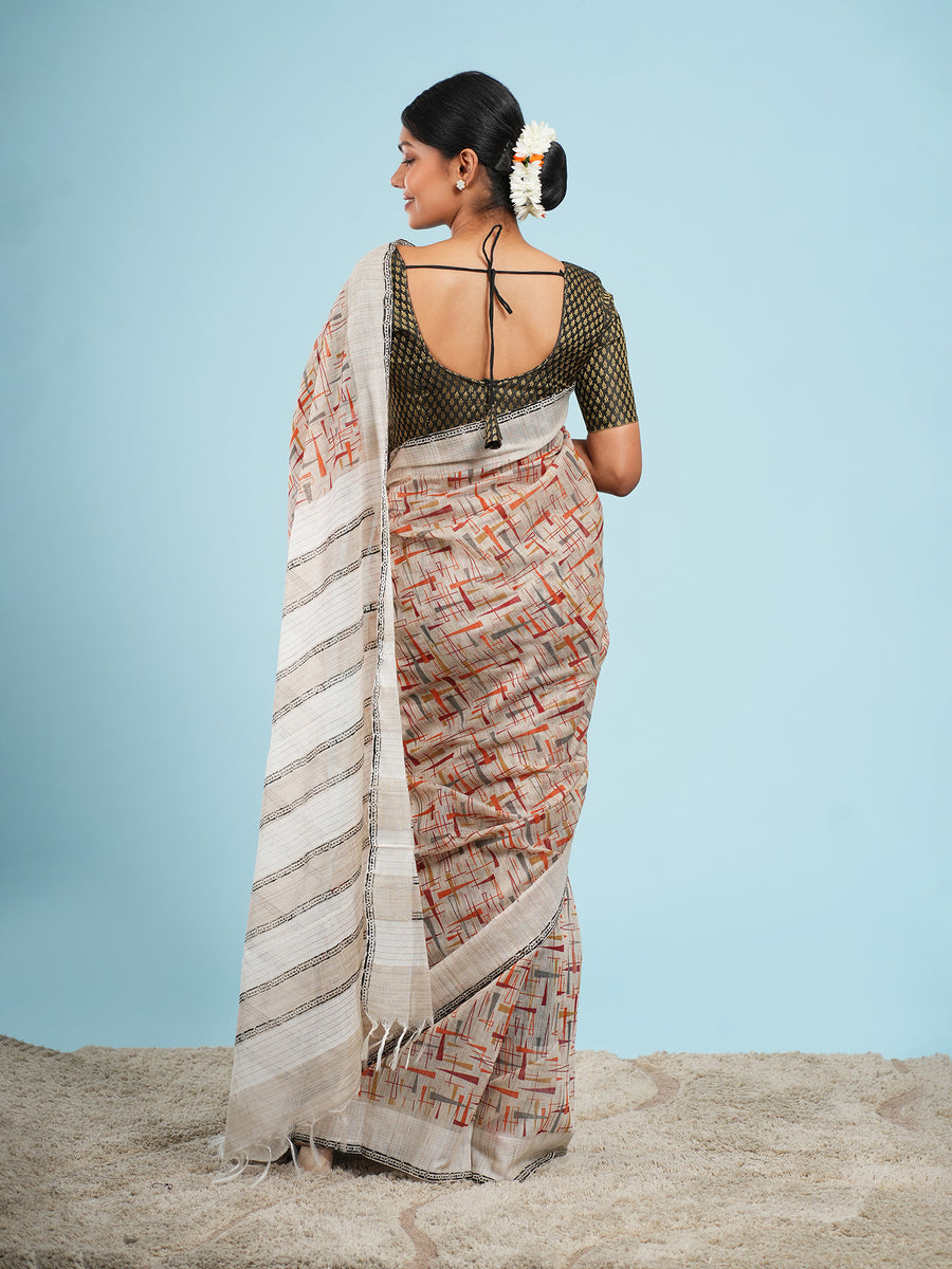 Natural bamboo silk block-print saree, pallu detail – Koshnika