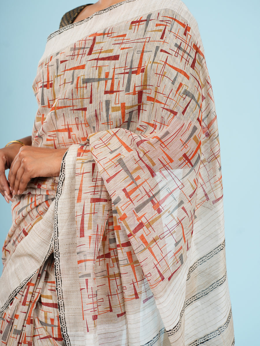 Natural bamboo silk block-print saree, styled view – Koshnika