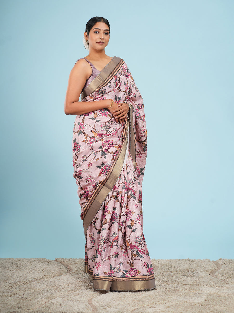 Blush pink floral self-jacquard saree, woven jacquard close-up – Koshnika