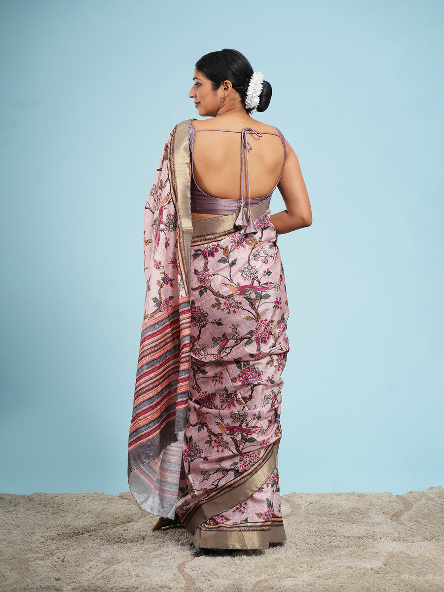 Blush pink floral self-jacquard saree, border detail – Koshnika