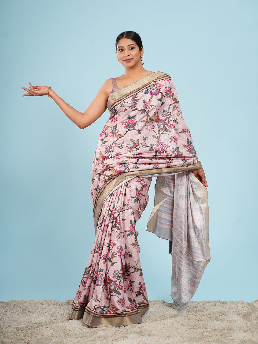 Blush pink floral self-jacquard saree, pallu detail – Koshnika