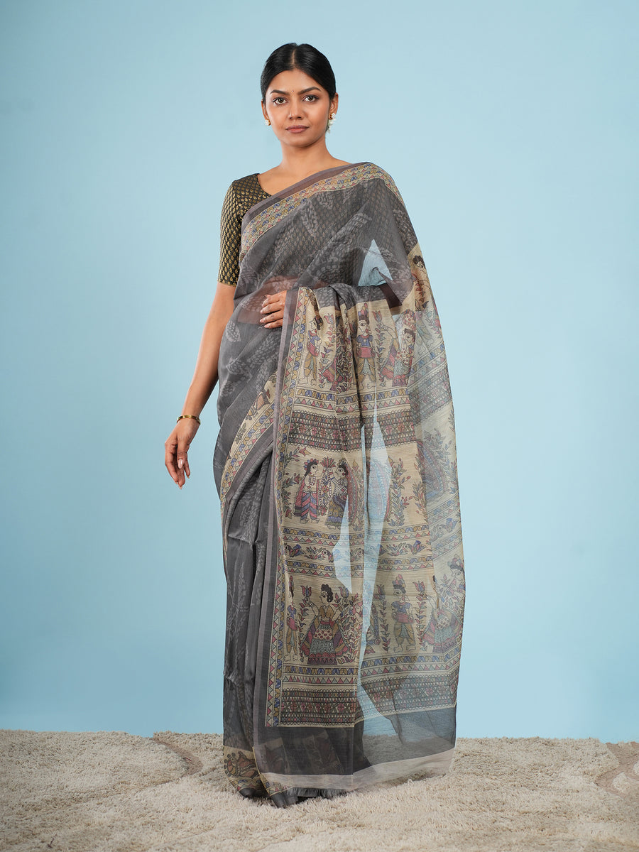 Grey Tussar silk Madhubani-print saree – Koshnika