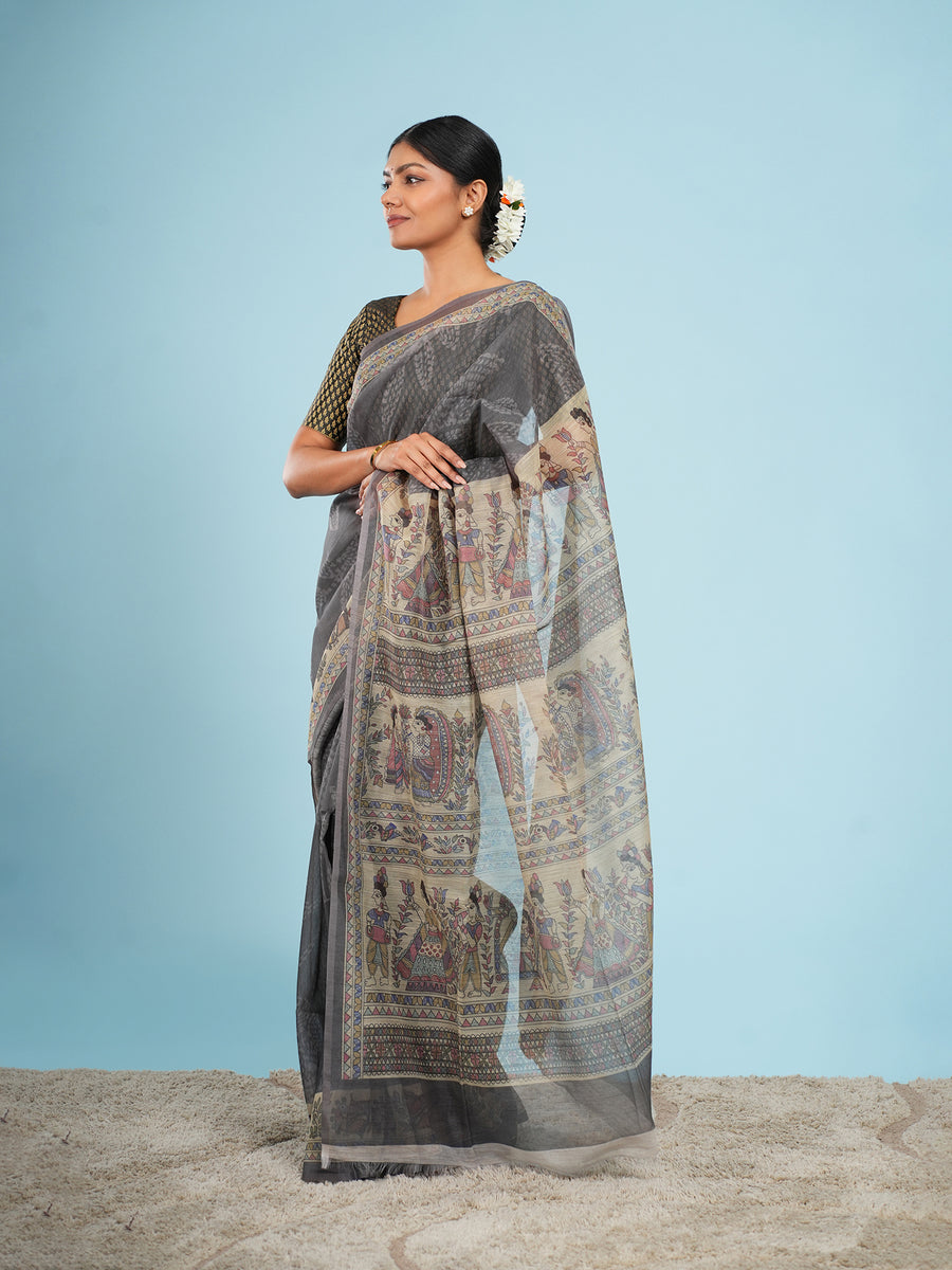 Grey Tussar silk Madhubani-print saree, border detail – Koshnika
