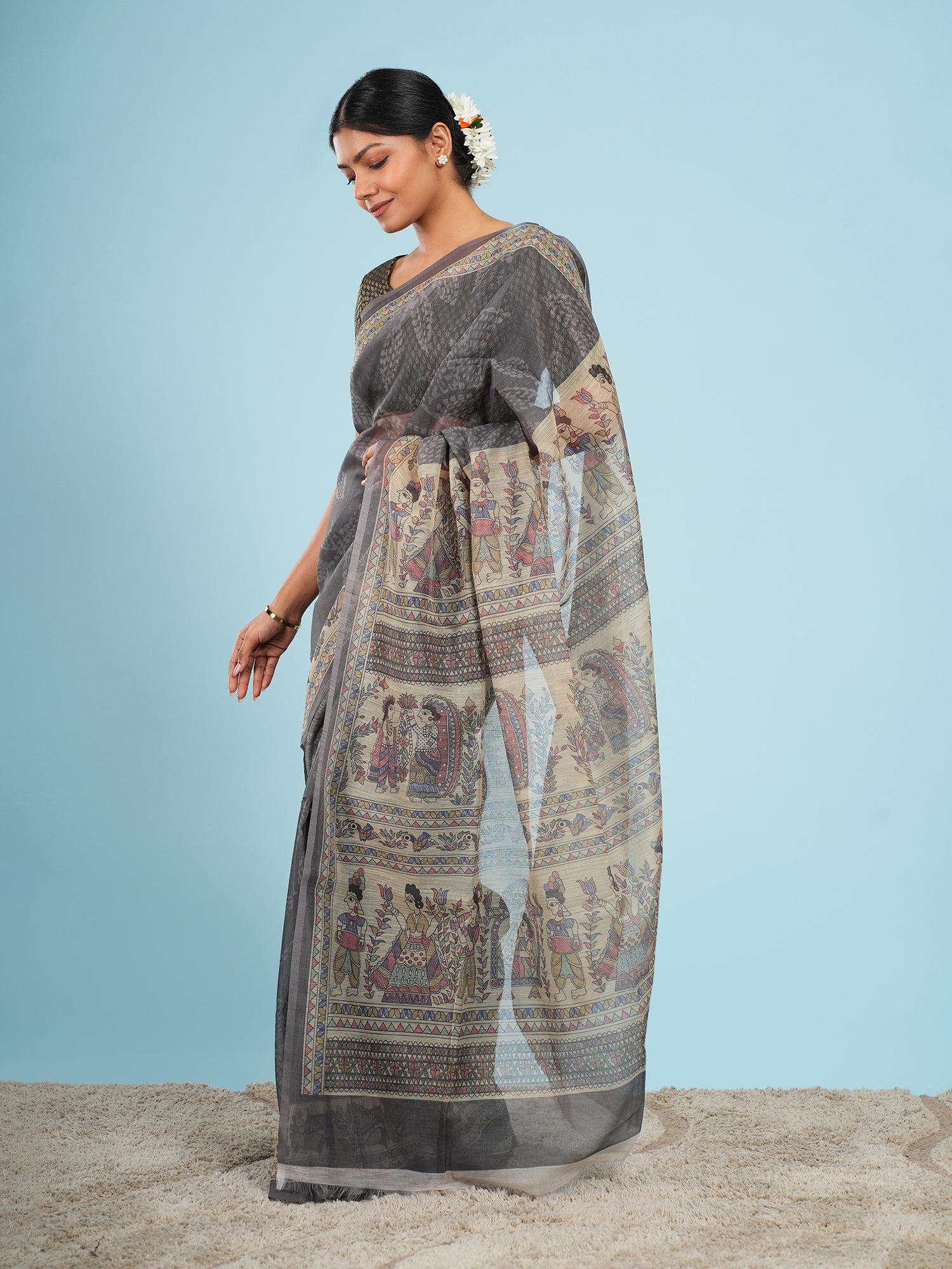 Grey Tussar Madhubani Saree
