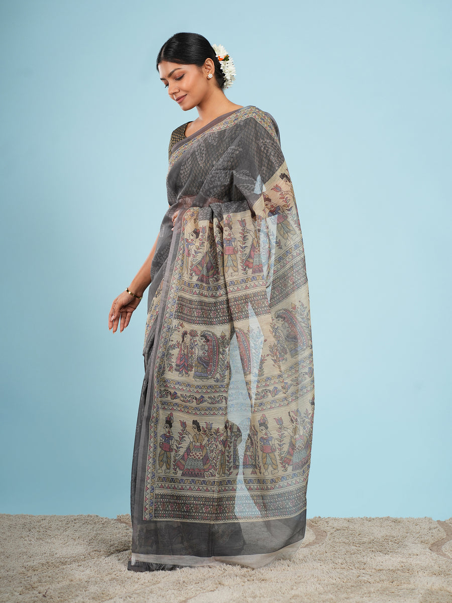 Grey Tussar silk Madhubani-print saree, drape and fall – Koshnika