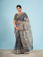 Grey Tussar Madhubani Saree