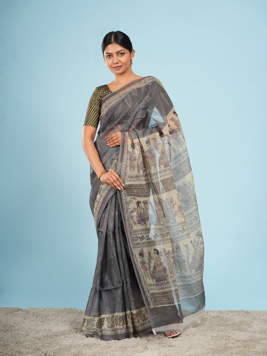 Grey Tussar silk Madhubani-print saree, Madhubani motif close-up – Koshnika