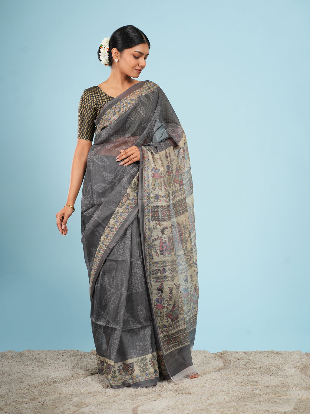 Grey Tussar Madhubani Saree
