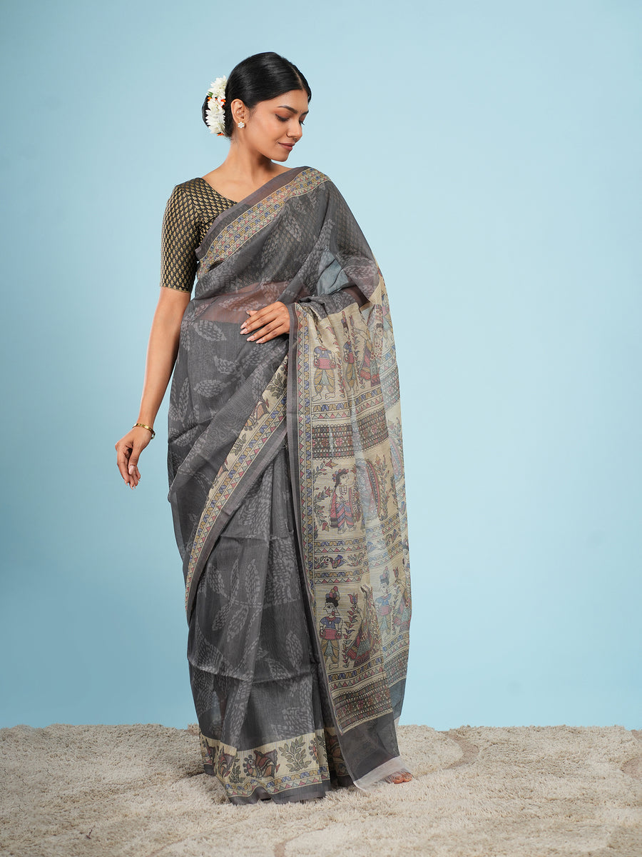 Grey Tussar silk Madhubani-print saree, full-length drape – Koshnika