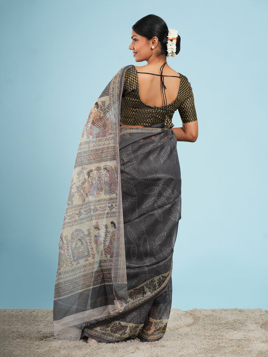 Grey Tussar silk Madhubani-print saree, pallu detail – Koshnika