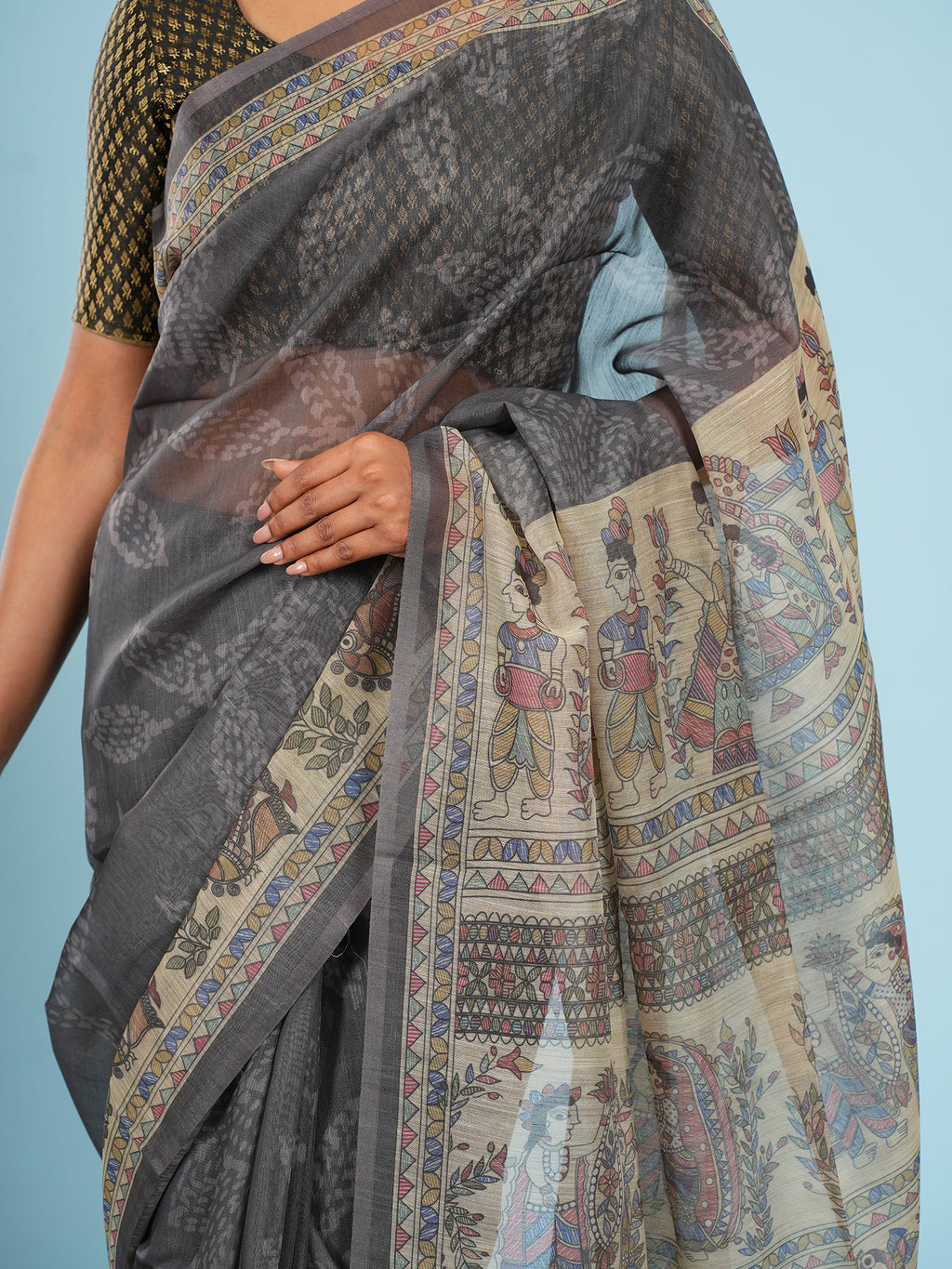 Grey Tussar Madhubani Saree