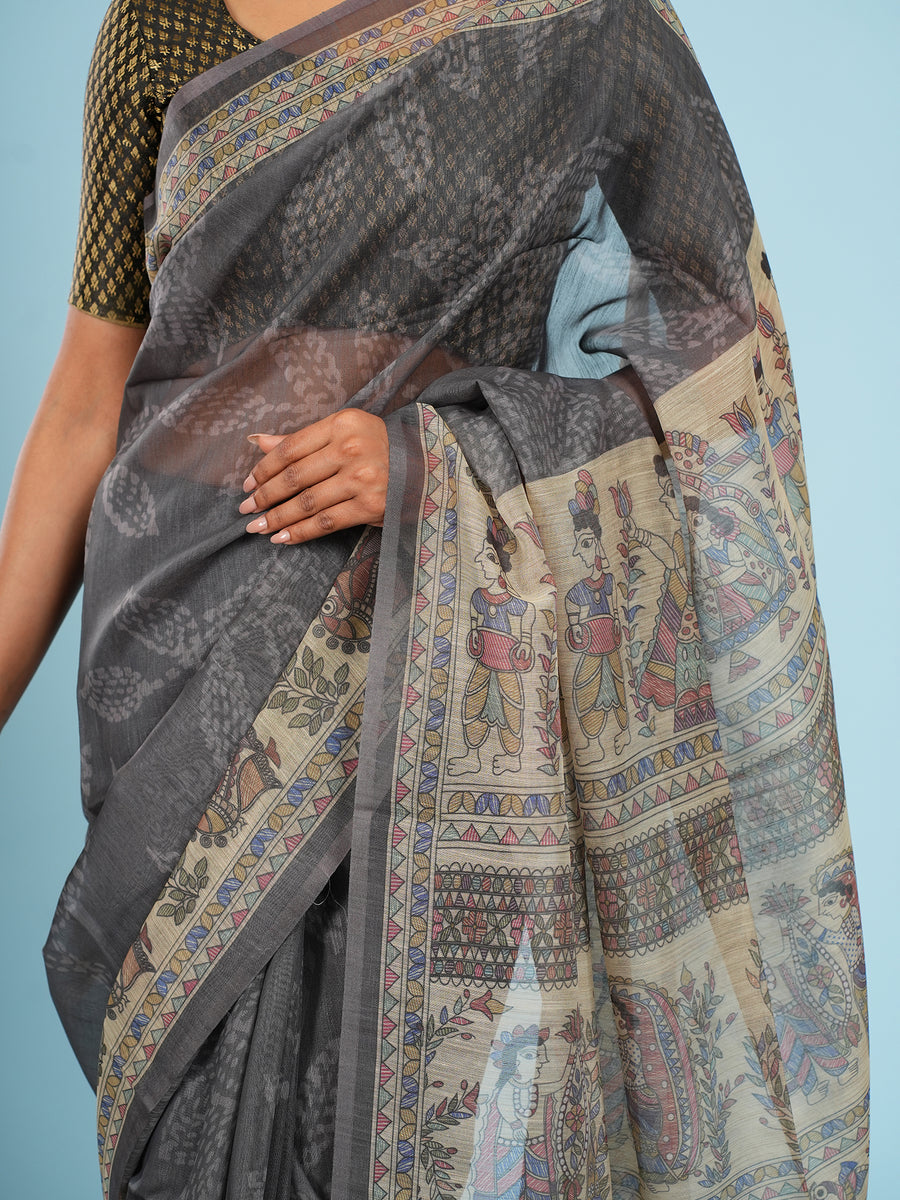 Grey Tussar silk Madhubani-print saree, fabric texture close-up – Koshnika