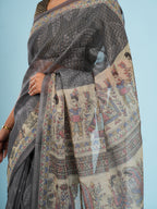 Grey Tussar Madhubani Saree