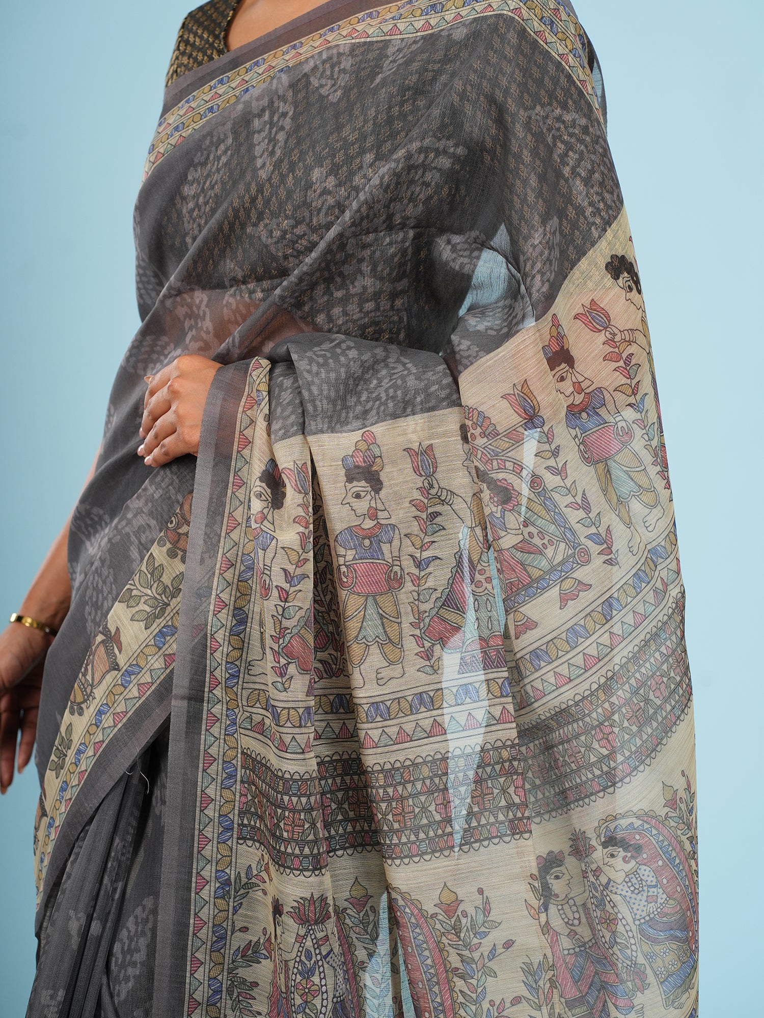 Grey Tussar Madhubani Saree