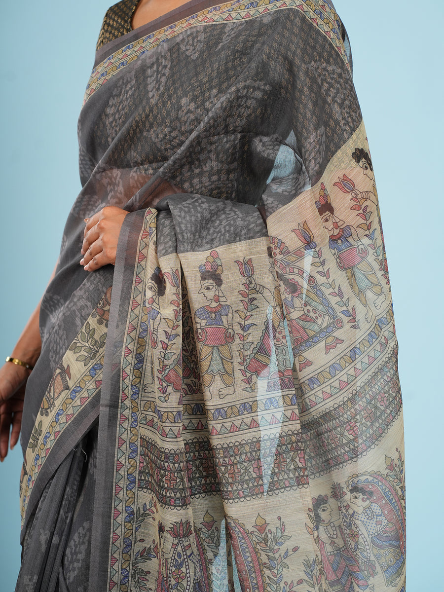 Grey Tussar silk Madhubani-print saree, styled view – Koshnika
