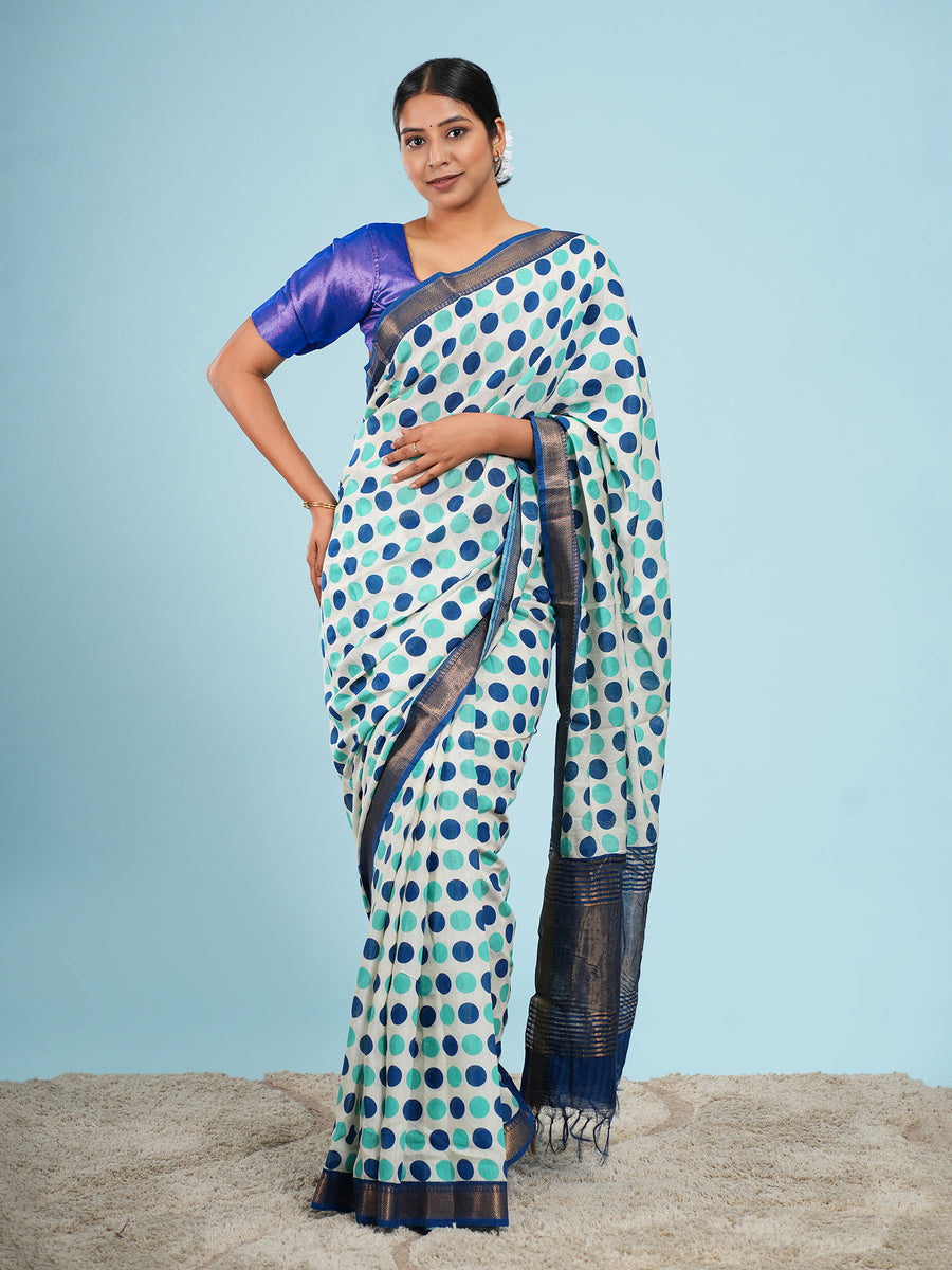 Mint Vegan Silk polka-dot print saree – Koshnika