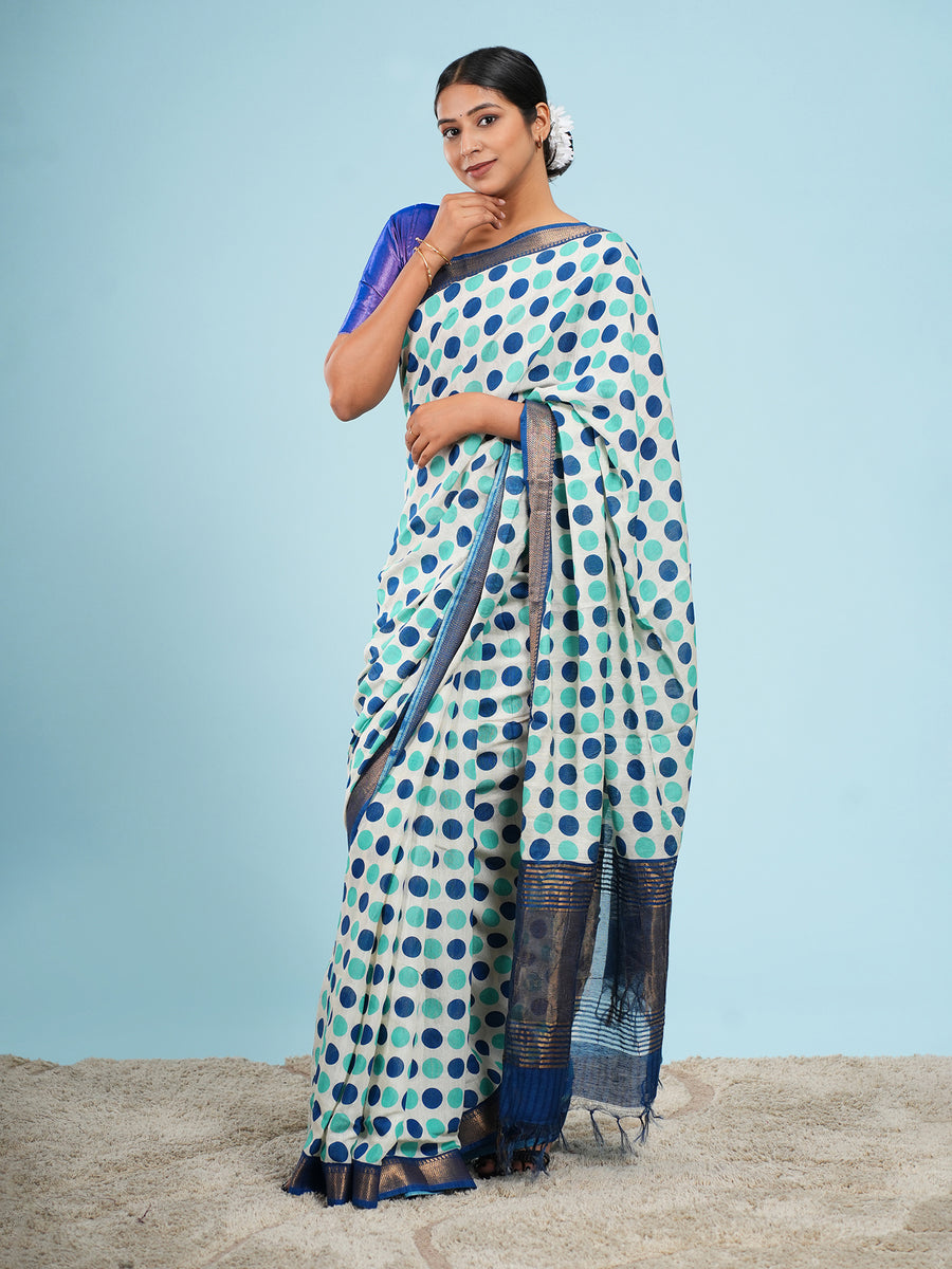 Mint Vegan Silk polka-dot print saree, border detail – Koshnika