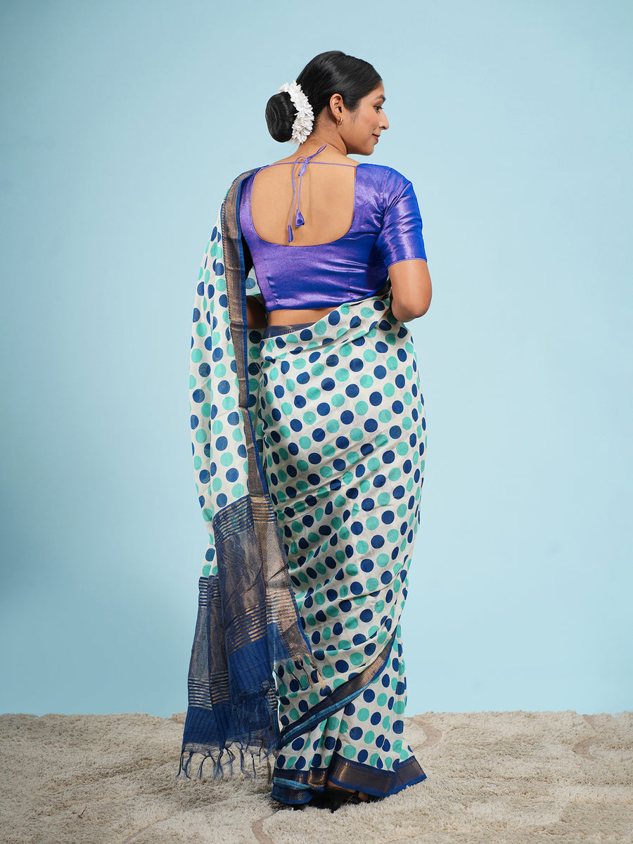 Mint Vegan Silk polka-dot print saree, dot pattern close-up – Koshnika