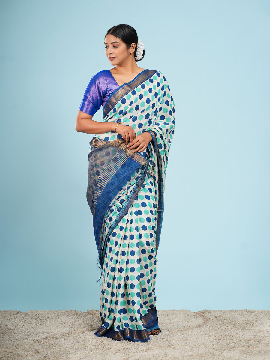 Mint Vegan Silk polka-dot print saree, full-length drape – Koshnika