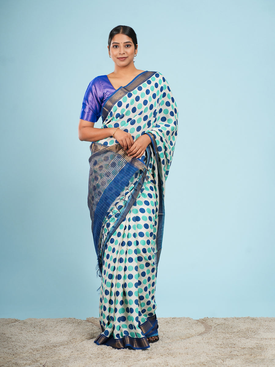 Mint Vegan Silk polka-dot print saree, pallu detail – Koshnika