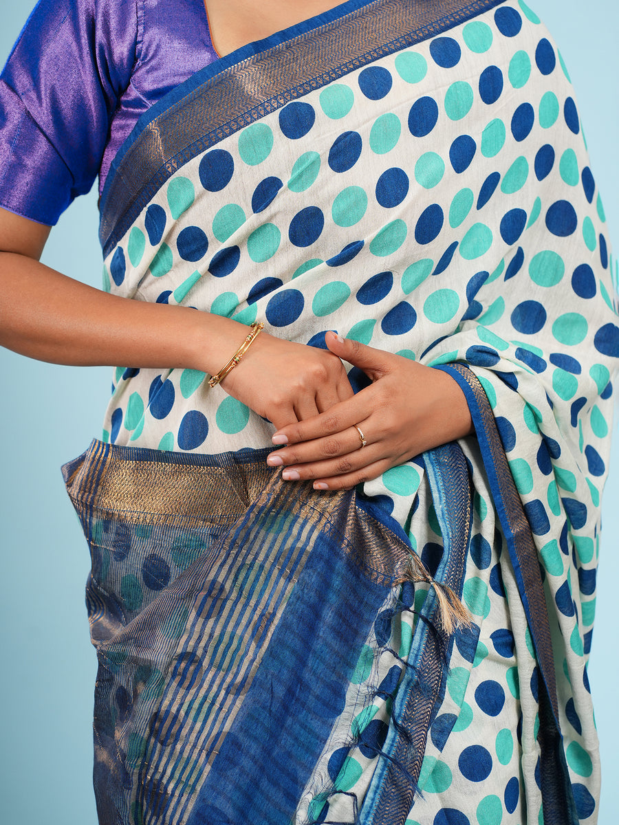 Mint Vegan Silk polka-dot print saree, viscose fabric texture close-up – Koshnika