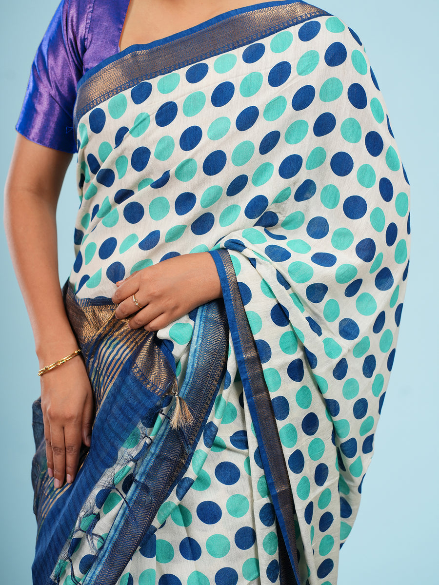 Mint Vegan Silk polka-dot print saree, styled view – Koshnika