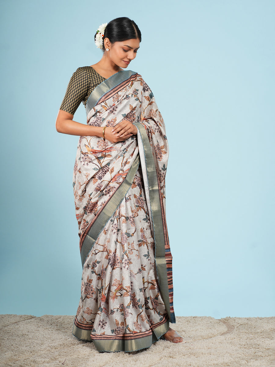 Mist grey self-jacquard saree full-length drape – Koshnika