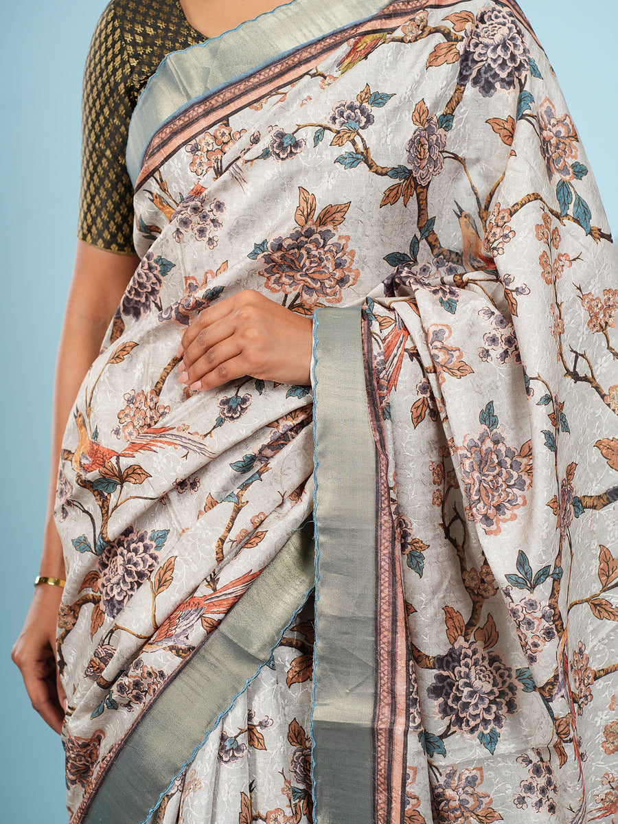 Mist grey saree, sage border close-up – Koshnika