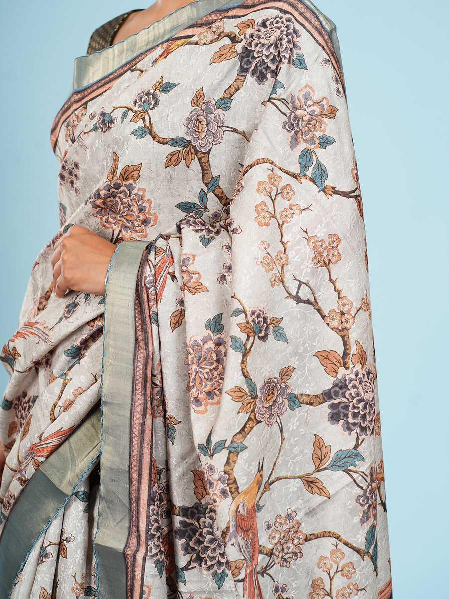 Aritika mist grey jacquard saree styled view – Koshnika