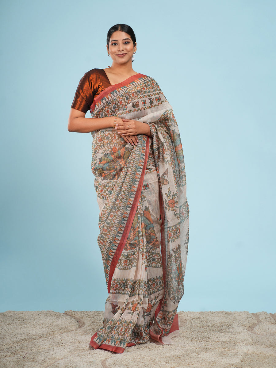 Cream Tussar silk Madhubani-print saree, red border – Koshnika