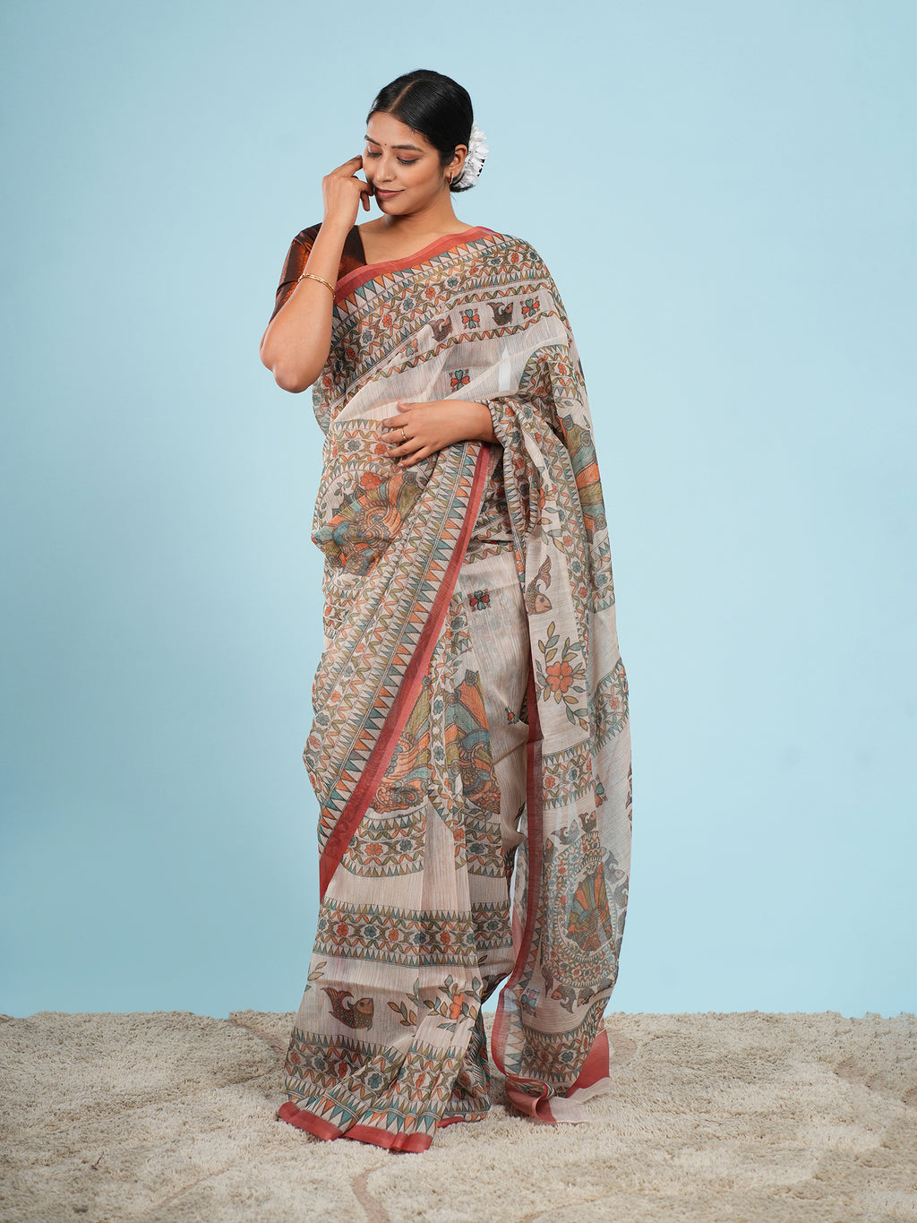 Nandi Tussar Madhubani Print Saree-Red Border