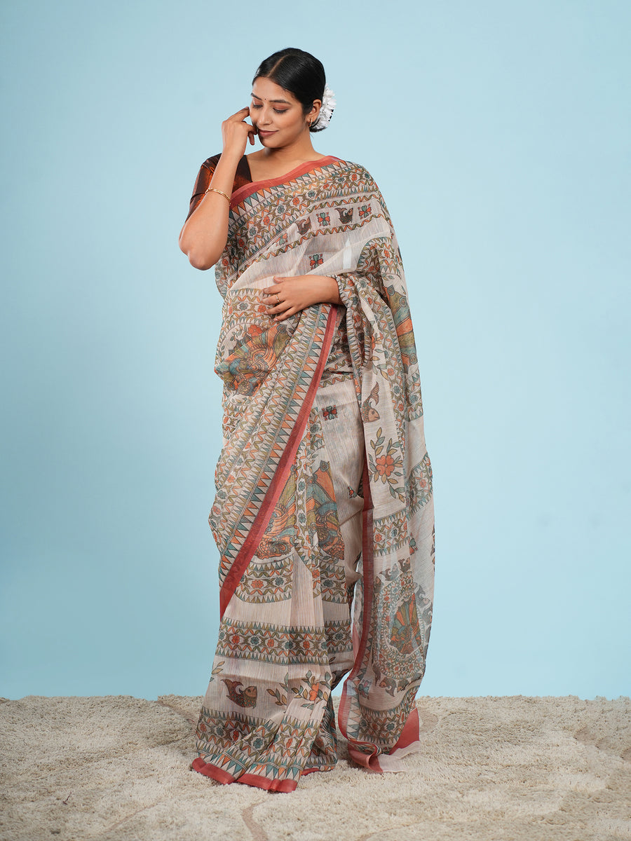 Cream Tussar silk Madhubani-print saree, red border detail – Koshnika