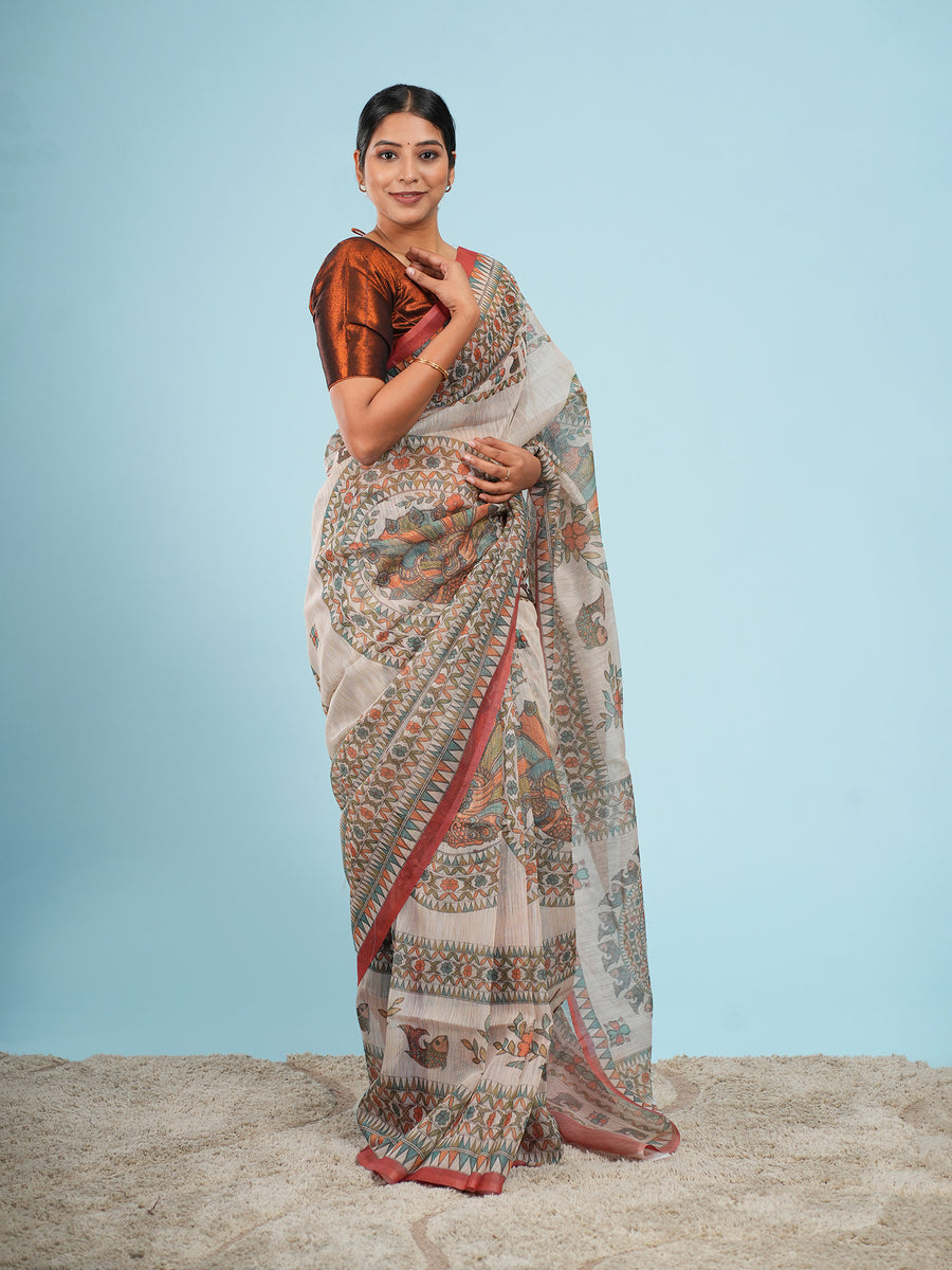 Cream Tussar silk Madhubani-print saree, drape and fall – Koshnika